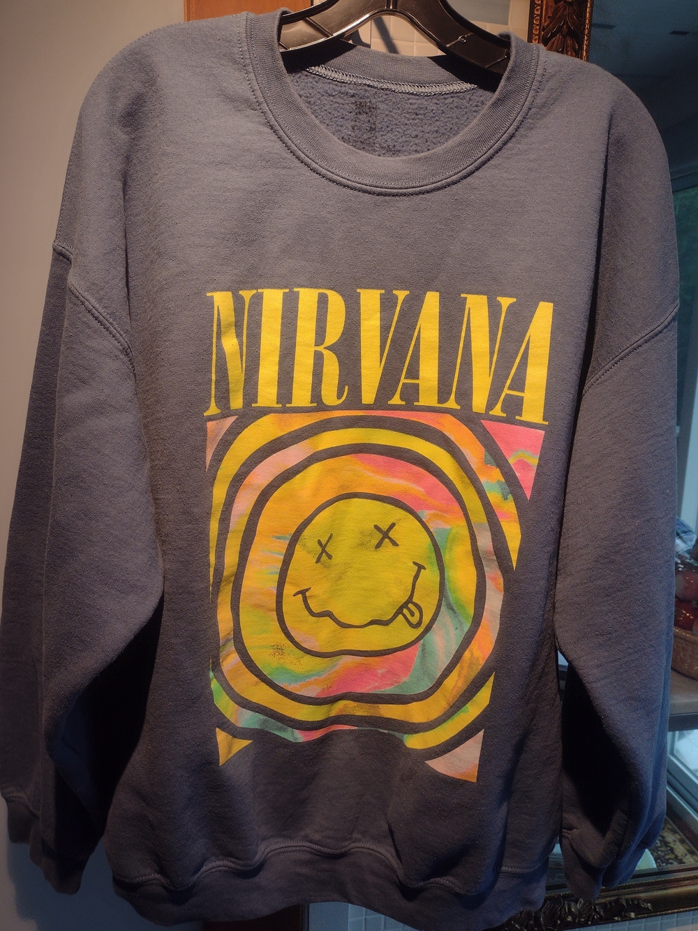 NIRVANA Gray Crewneck Sweatshirt with Yellow & Multicolor Smiley Graphic